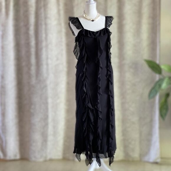 NWT Monki Black Mesh Ruffle Detail Midi Dress Whimsygoth Y2K Goth Size XS - Picture 4 of 11